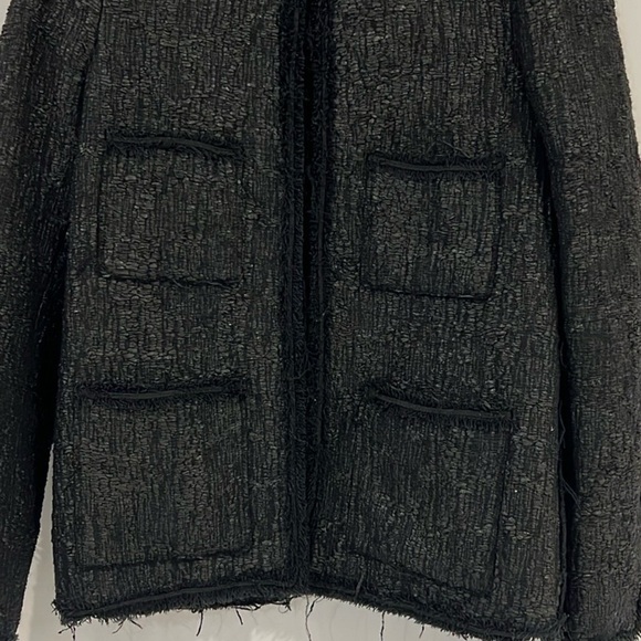 ZARA Woman Black Tweed Wool Blend Structured Woven Fringe Blazer with pockets XS - Picture 10 of 16